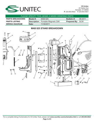 CS Unitec
                                                                                                         22 Harbor Ave
                                                                                                     Norwalk, CT 06850
                                                                                      P: 203.853.9522 F. 203.853.9921

                        PLEASE SPECIFY TOOL MODEL # WHEN ORDERING PARTS
    PARTS BREAKDOWN                 Model #:     MAB 825                                 Bulletin #:  08-2011
    PARTS LISTING                   Description: Portable Magnetic Drill                 Prepared By: SCW
    WIRING DIAGRAM                  Date:        11/30/2011

                                       MAB 825 STAND BREAKDOWN




For a complete listing of schematics for CS Unitec Tools, please visit www.csunitec.com/schematics.html or call 203.853.9522
                                                           Page 4 of 6
 