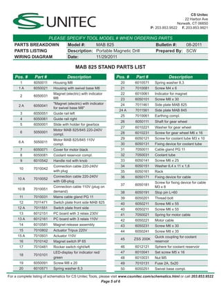 CS Unitec
                                                                                                          22 Harbor Ave
                                                                                                      Norwalk, CT 06850
                                                                                       P: 203.853.9522 F. 203.853.9921

                         PLEASE SPECIFY TOOL MODEL # WHEN ORDERING PARTS
    PARTS BREAKDOWN                  Model #:     MAB 825                                Bulletin #:  08-2011
    PARTS LISTING                    Description: Portable Magnetic Drill                Prepared By: SCW
    WIRING DIAGRAM                   Date:        11/29/2011

                                             MAB 825 STAND PARTS LIST
    Pos. #      Part #              Description                  Pos. #      Part #               Description
       1       6050011     Housing M8                               20      6010571      Spring washer 8,3
      1A       6050021     Housing with swivel base M8              21      7010081      Screw M4 x 6
                           Magnet (electric) with indicator         22      6010061      Indicator for magnet
       2       6050031
                           M8                                       23      6050101      Screw M8 x 30
                           "Magnet (electric) with indicator        24      7011461      Side plate MAB 825
      2A       6050041
                           for swivel base M8"
                                                                   24 A     7011561      Side plate MAB 845
       3       6050051     Guide rail left
                                                                    25      7010061      Earthing compl.
       4       6050061     Guide rail right
                                                                    26       6050111     Shaft for gear wheel
       5       6050001     Slide with holder for gearbox
                                                                    27      6010221      Washer for gear wheel
                           Motor MAB 825/845 220-240V
       6       5050001                                              28      6010231      Screw for gear wheel M6 x 16
                           compl.
                           Motor MAB 825/845 110V                   29      6050121      Screw for coolant tube M3 x 10
      6A       5050011
                           compl.                                   30      6050131      Fixing device for coolant tube
       7       6050071     Cover for motor black                    31      7050011      Cable gland PG 11
       8       6050081     Coolant reservoir compl.                 32      7050031      Coolant tube
       9       6010542     Handle rod with knob                     33      6050141      Screw M6 x 25
                           Connection cable 220-240V                34      6050151      Washer 6,4 x 11 x 1,6
      10       7010042
                           with plug                                35      6050161      Rack
                           Connection cable 220-240V                36      6050171      Fixing device for cable
      10 A     7010052
                           with GB-plug                                                  Screw for fixing device for cable
                                                                    37      6050181
                           Connection cable 110V (plug on                                M3 x 8
     10 B      7010051
                           demand)                                  38      6050191      Stop pin L=60
       11      7010031     Mains cable gland PG 11                  39      6050201      Thread bolt
      12       7011471     Switch plate front side MAB 825          40      6050211      Screw M6 x 55
      12 A     7011551     Switch plate front side                  40      6050211      Screw M6 x 55
      13       6012151     PC board with 3 relais 230V              41      7050021      Spring for motor cable
      13 A     6012161     PC board with 3 relais 110V              42      6050221      Motor cable
      14       6010581     Magnet release assembly                  43      6050231      Screw M6 x 30
      15       7010802     Actuator Tripus 220V                     44      6050241      Screw M8 x 35
      15 A     7010931     Actuator 110V                                                 Quick coupling for coolant
                                                                    45      ZSS 200K
      16       7010142     Magnet switch IP 65                                           reservoir
      17       7010481     Rocker switch right/left                 46      6012121      Sphere for coolant reservoir
                           LED-display for indicator red/           47      6010041      Set screw M5 x 16
      18       7010101
                           green                                    48      6010031      Nut M5
      19       6050091     Screw M8 x 20                            49      7010131      Fuse 2A, 5x20
      20       6010571     Spring washer 8,3                        50      6050251      Swivel base compl.

For a complete listing of schematics for CS Unitec Tools, please visit www.csunitec.com/schematics.html or call 203.853.9522
                                                           Page 5 of 6
 