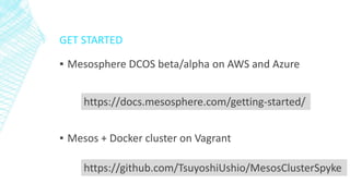 GET STARTED
▪ Mesosphere DCOS beta/alpha on AWS and Azure
▪ Mesos + Docker cluster on Vagrant
https://docs.mesosphere.com/...