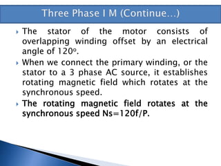 The stator of the motor consists of
overlapping winding offset by an electrical
angle of 120o.
 When we connect the primary winding, or the
stator to a 3 phase AC source, it establishes
rotating magnetic field which rotates at the
synchronous speed.
 The rotating magnetic field rotates at the
synchronous speed Ns=120f/P.
 
