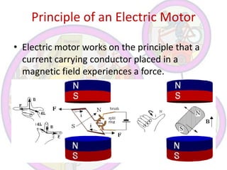 Principle of an Electric Motor
• Electric motor works on the principle that a
current carrying conductor placed in a
magnetic field experiences a force.

 