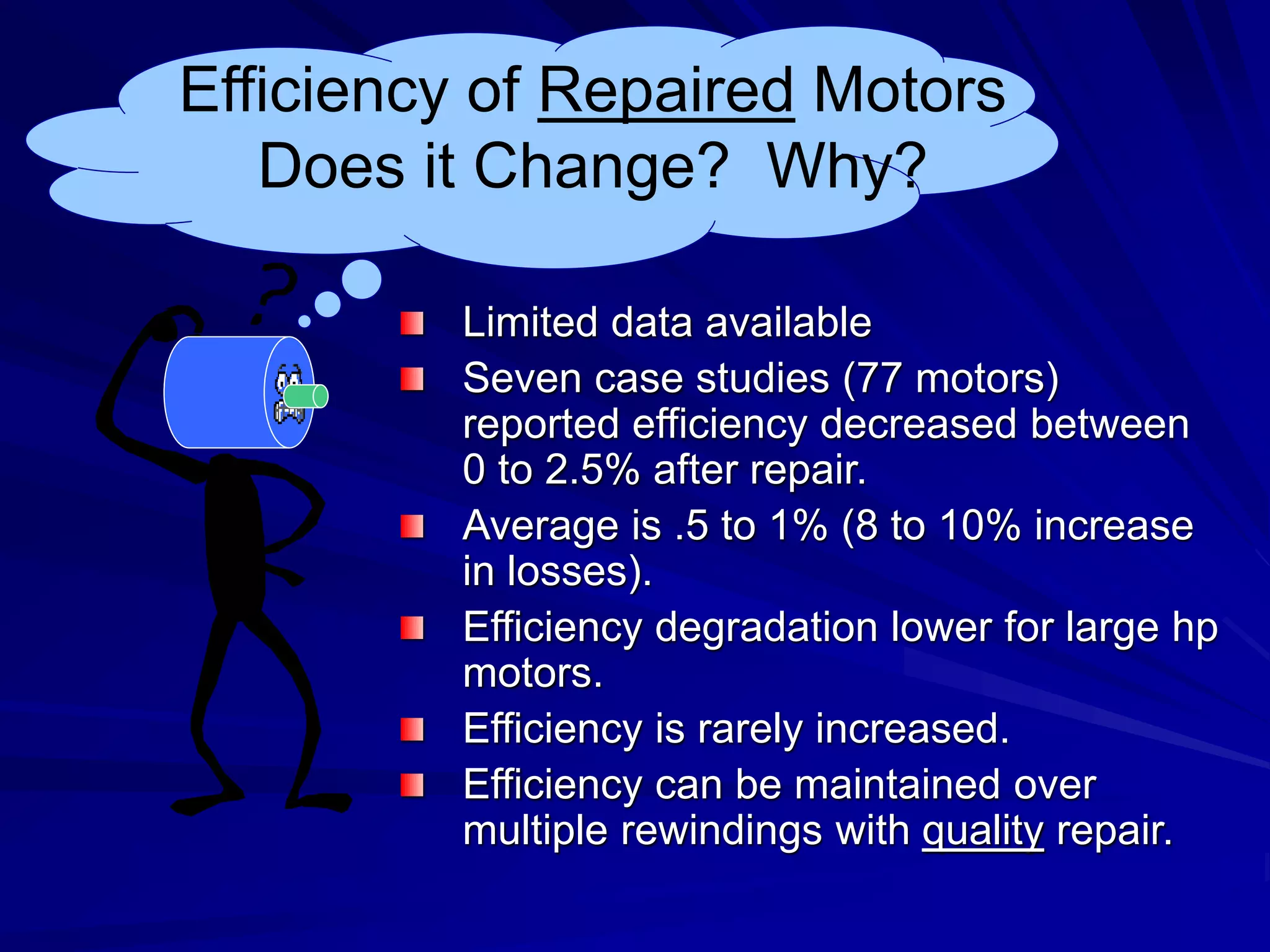 Efficiency of Repaired Motors
Does it Change? Why?
Limited data available
Seven case studies (77 motors)
reported efficiency decreased between
0 to 2.5% after repair.
Average is .5 to 1% (8 to 10% increase
in losses).
Efficiency degradation lower for large hp
motors.
Efficiency is rarely increased.
Efficiency can be maintained over
multiple rewindings with quality repair.
 
