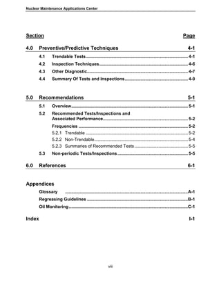 Nuclear Maintenance Applications Center
viii
Section Page
4.0 Preventive/Predictive Techniques 4-1
4.1 Trendable Tests.................................................................................... 4-1
4.2 Inspection Techniques......................................................................... 4-6
4.3 Other Diagnostic................................................................................... 4-7
4.4 Summary Of Tests and Inspections.................................................... 4-9
5.0 Recommendations 5-1
5.1 Overview................................................................................................ 5-1
5.2 Recommended Tests/Inspections and
Associated Performance...................................................................... 5-2
Frequencies .......................................................................................... 5-2
5.2.1 Trendable .................................................................................... 5-2
5.2.2 Non-Trendable............................................................................. 5-4
5.2.3 Summaries of Recommended Tests............................................ 5-5
5.3 Non-periodic Tests/Inspections.......................................................... 5-5
6.0 References 6-1
Appendices
Glossary .....................................................................................................A-1
Regreasing Guidelines ...................................................................................B-1
Oil Monitoring..................................................................................................C-1
Index I-1
 