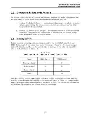 Electric Motor Predictive and
Preventive Maintenance Guide
Component Failure Mode Analysis3.0
To initiate a cost-effective preventive maintenance program, the motor components that
are most likely to cause motor failure need to be identified and analyzed.
Section 3.1, Industry Surveys - summarizes industry surveys relative to motor
failures, pinpointing the motor components that, according to survey data,
have tended to fail most often.
Section 3.2, Failure Mode Analysis - describes the causes of failure associated
with these components and summarizes, in matrix form, the causes, symp-
toms, and failure modes of electric motors.
Industry Surveys3.1
Recent industry operating assessments sponsored by the IEEE (Reference 6.4) and
EPRI (Reference 6.5) show that most motor failures are related to a few major compo-
nents. These components, and the approximate percentage of the total failures attrib-
uted to each, are listed in Table 3-1.
TABLE 3-1
PERCENT OF FAILURES BY MAJOR COMPONENTS
Cause IEEE Survey EPRI Report
Bearing related 44 41
Stator related 26 36
Rotor related 8 9
Other 22 14
The IEEE survey and the EPRI report identified several failure mechanisms. The sig-
nificant failure mechanisms from the IEEE survey are listed in Table 3-2 along with the
approximate percentage of total failures attributed to each. The failure mechanisms are
divided into failure causes and related observed conditions.
3-1
•
•
 