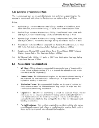 Electric Motor Predictive and
Preventive Maintenance Guide
5.2.3 Summaries of Recommended Tests
The recommended tests are presented in tabular form as follows, specifying test fre-
quency in months and indicating whether the tests are made on-line or off-line.
Table
Squirrel Cage Induction Motors Under 200 hp. Random Wound Stator, Less
Than 600Volts, Antifriction Bearings, Safety Related and Balance of Plant
5-1
Squirrel Cage Induction Motors Above 200 hp. Form Wound Stator, 4000 Volts
and Higher, Antifriction Bearings, Safety Related and Balance of Plant
5-2
Squirrel Cage Induction Motors Above 200 hp. Form Wound Stator, 4000 Volts
and Higher, Sleeve, Pad or Disc Bearings, Safety Related and Balance of Plant
5-3
Wound rotor Induction Motors Under 200 hp. Random Wound Stator, Less Than
600 Volts, Antifriction Bearings, Safety Related and Balance of Plant
5-4
5-5 Synchronous Motors 1000 hp and Above, Form Wound Stator, 4000 Volts and
Higher, Sleeve, Pad or Disc Bearings, Balance of Plant
DC Motors Under 100 hp. 115 Volts or 230 Volts, Antifriction Bearings, Safety
related and Balance of Plant
5-6
5.3 Non-periodic Tests/Inspections
AC Hipot - This test is not recommended for motors because of its potential to
cause failure without warning. If it is to be used the schedule would be the
same as for the DC Hipot (step).
Power Factor - Not recommended for plant use because of cost and inability of
test to search for localized defects. Step voltage DC Hipot Test provides
equivalent trending information.
Dissipation Factor - Not recommended for plant use because of cost and in-
ability of test to search for localized defects. Step voltage DC Hipot Test pro-
vides equivalent trending information.
Capacitance - This test has an inability to search for localized defects. Not rec-
ommended for use on completed stator windings unless looking for defective
coil. Not recommended for plant use because of cost and inability of test to
search for localized defects. Step voltage DC Hipot Test provides equivalent
trending information.
Partial Discharge - This test has potential to provide trendable information
on void development which relates to insulation deterioration. Trial applica-
tion with 36- to 60-month intervals could be beneficial.
5-5
•
•
•
•
•
 