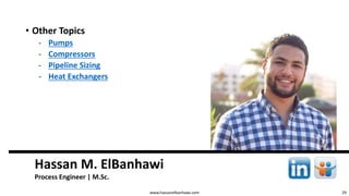 29
Hassan M. ElBanhawi
Process Engineer | M.Sc.
www.hassanelbanhawi.com
• Professional Experience
‐ Process Engineer at GAP Tech.
‐ Process Engineer at Assiut Oil Refinery.
‐ Process Engineer at Abu Zaable Fertilizers.
• Academic Background
‐ M.Sc. in Chemical Engineering.
‐ B.Sc. in Petroleum Refining and Petrochemical
Engineering.
 