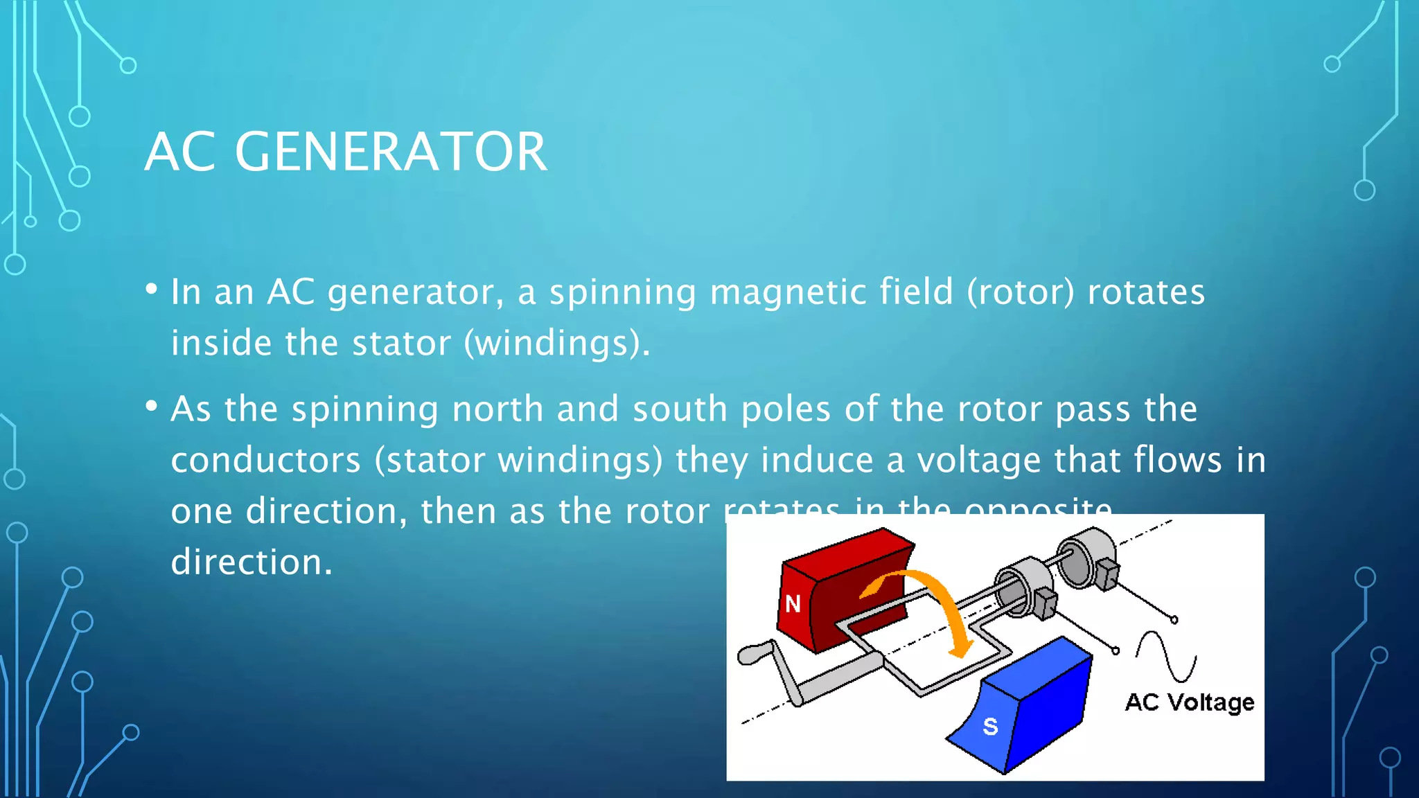 AC GENERATOR
• In an AC generator, a spinning magnetic field (rotor) rotates
inside the stator (windings).
• As the spinning north and south poles of the rotor pass the
conductors (stator windings) they induce a voltage that flows in
one direction, then as the rotor rotates in the opposite
direction.
 
