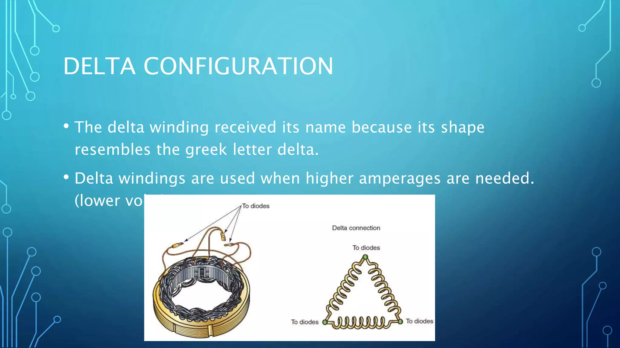 DELTA CONFIGURATION
• The delta winding received its name because its shape
resembles the greek letter delta.
• Delta windings are used when higher amperages are needed.
(lower volts)
 