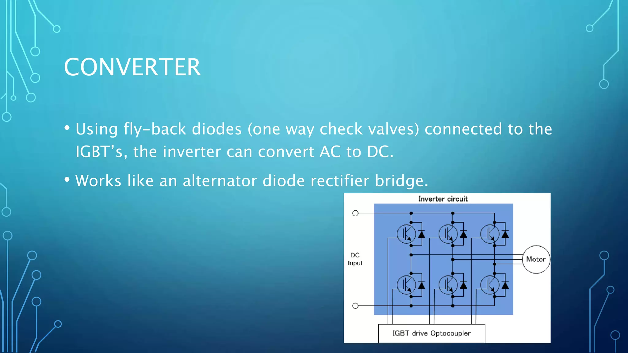 CONVERTER
• Using fly-back diodes (one way check valves) connected to the
IGBT’s, the inverter can convert AC to DC.
• Works like an alternator diode rectifier bridge.
 