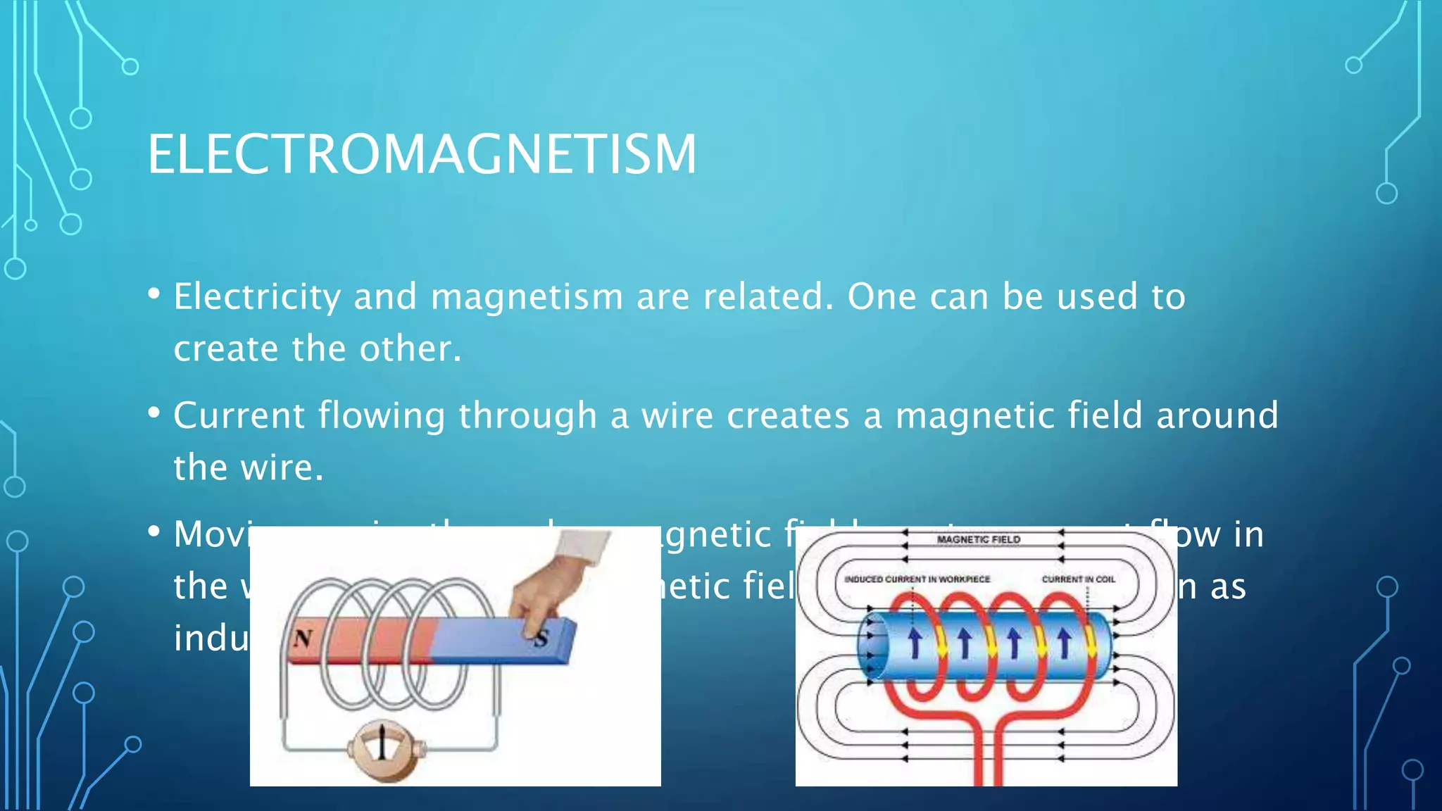 ELECTROMAGNETISM
• Electricity and magnetism are related. One can be used to
create the other.
• Current flowing through a wire creates a magnetic field around
the wire.
• Moving a wire through a magnetic field creates current flow in
the wire. (or moving a magnetic field across a wire, known as
induction)
 