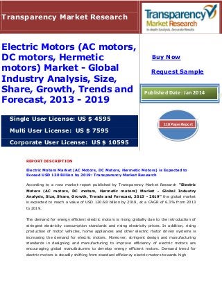 REPORT DESCRIPTION
Electric Motors Market (AC Motors, DC Motors, Hermetic Motors) is Expected to
Exceed USD 120 Billion by 2019: Transparency Market Research
According to a new market report published by Transparency Market Research "Electric
Motors (AC motors, DC motors, Hermetic motors) Market - Global Industry
Analysis, Size, Share, Growth, Trends and Forecast, 2013 - 2019" the global market
is expected to reach a value of USD 120.68 billion by 2019, at a CAGR of 6.3% from 2013
to 2019.
The demand for energy efficient electric motors is rising globally due to the introduction of
stringent electricity consumption standards and rising electricity prices. In addition, rising
production of motor vehicles, home appliances and other electric motor driven systems is
increasing the demand for electric motors. Moreover, stringent design and manufacturing
standards in designing and manufacturing to improve efficiency of electric motors are
encouraging global manufacturers to develop energy efficient motors. Demand trend for
electric motors is steadily shifting from standard efficiency electric motors towards high
Transparency Market Research
Electric Motors (AC motors,
DC motors, Hermetic
motors) Market - Global
Industry Analysis, Size,
Share, Growth, Trends and
Forecast, 2013 - 2019
Single User License: US $ 4595
Multi User License: US $ 7595
Corporate User License: US $ 10595
Buy Now
Request Sample
Published Date: Jan 2014
118 Pages Report
 