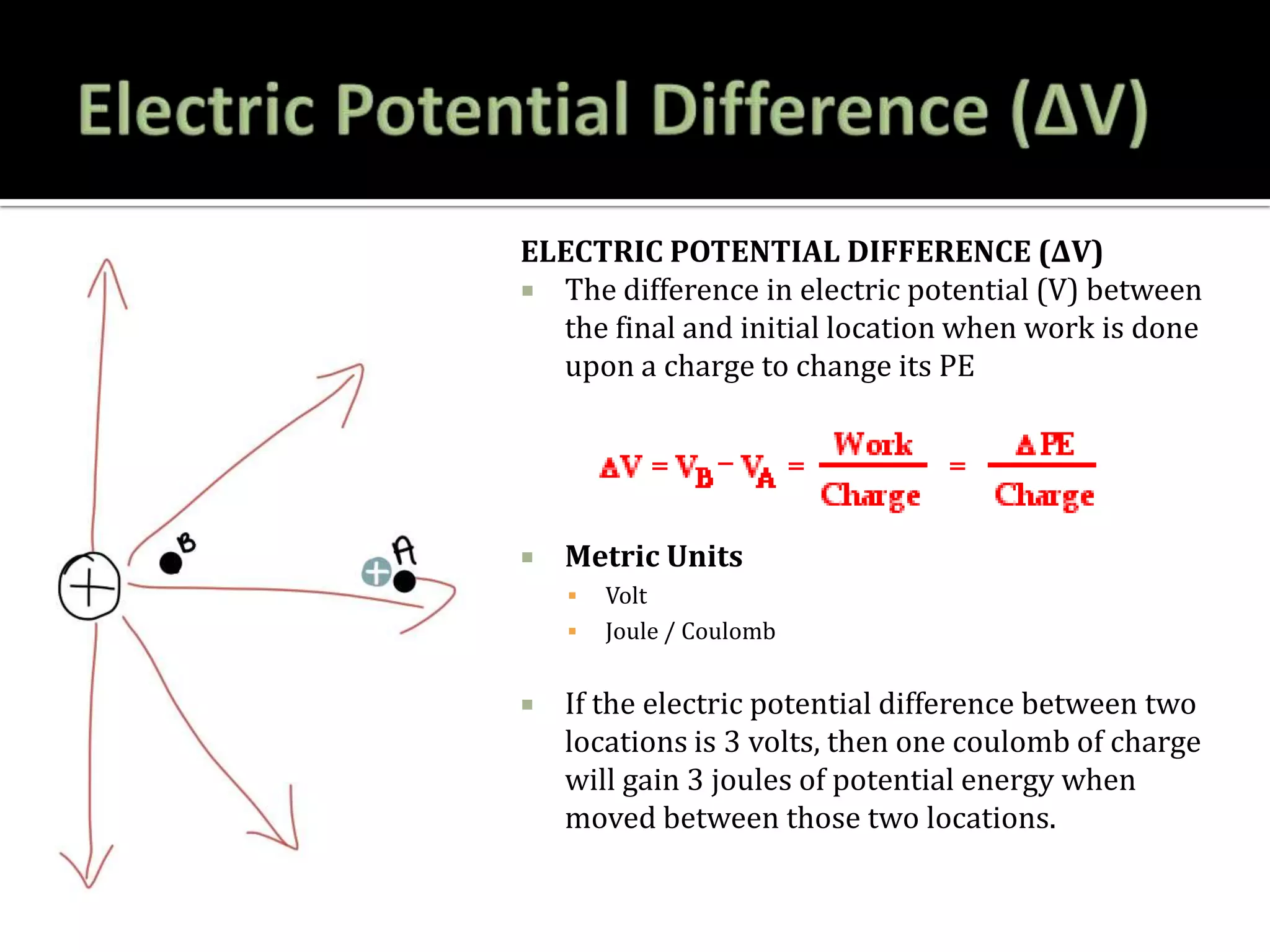 ELECTRIC POTENTIAL DIFFERENCE (ΔV)
 The difference in electric potential (V) between
the final and initial location when work is done
upon a charge to change its PE
 Metric Units
 Volt
 Joule / Coulomb
 If the electric potential difference between two
locations is 3 volts, then one coulomb of charge
will gain 3 joules of potential energy when
moved between those two locations.
 