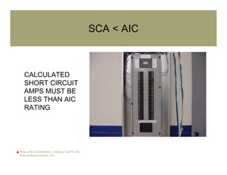 PHILLIPS ENGINEERS+ CONSULTANTS, INC.
www.phillipsengineers.com
SCA < AIC
CALCULATED
SHORT CIRCUIT
AMPS MUST BE
LESS THAN AIC
RATING
 
