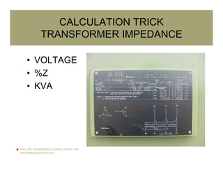 PHILLIPS ENGINEERS+ CONSULTANTS, INC.
www.phillipsengineers.com
CALCULATION TRICK
TRANSFORMER IMPEDANCE
• VOLTAGE
• %Z
• KVA
 