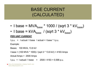 PHILLIPS ENGINEERS+ CONSULTANTS, INC.
www.phillipsengineers.com
BASE CURRENT
(CALCULATED)
• I base = MVAbase * 1000 / (sqrt 3 * kVbase)
• I base = kVAbase / (sqrt 3 * kVbase)
PER UNIT CURRENT
I p.u. = I actual / I base I actual = I base * I p.u.
Example:
Bases: 100 MVA, 13.8 kV
I base = (100 MVA * 1000) / (sqrt 3 * 13.8 kV) = 4183 Amps
Actual Amps = 2500 Amps
I p.u. = I actual / I base = 2500 / 4183 = 0.598 p.u.
 
