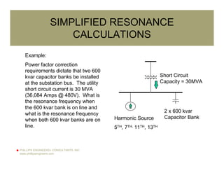 PHILLIPS ENGINEERS+ CONSULTANTS, INC.
www.phillipsengineers.com
SIMPLIFIED RESONANCE
CALCULATIONS
Example:
Power factor correction
requirements dictate that two 600
kvar capacitor banks be installed
at the substation bus. The utility
short circuit current is 30 MVA
(36,084 Amps @ 480V). What is
the resonance frequency when
the 600 kvar bank is on line and
what is the resonance frequency
when both 600 kvar banks are on
line.
Short Circuit
Capacity = 30MVA
2 x 600 kvar
Capacitor BankHarmonic Source
5TH, 7TH, 11TH, 13TH
 