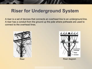 Riser for Underground System
A riser is a set of devices that connects an overhead line to an underground line.
A riser has a conduit from the ground up the pole where potheads are used to
connect to the overhead lines.
Riser diagramRiser
 