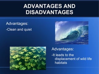 ADVANTAGES AND
           DISADVANTAGES
Advantages:
-Clean and quiet




                   Advantages:
                   -It leads to the
                      displacement of wild life
                      habitats
 