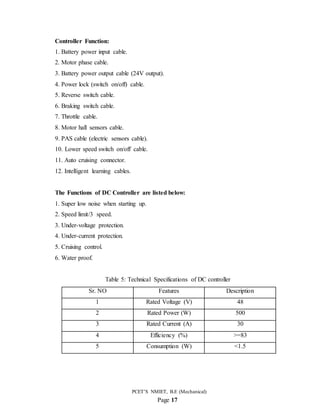 PCET’S NMIET, B.E (Mechanical)
Page 17
Controller Function:
1. Battery power input cable.
2. Motor phase cable.
3. Battery power output cable (24V output).
4. Power lock (switch on/off) cable.
5. Reverse switch cable.
6. Braking switch cable.
7. Throttle cable.
8. Motor hall sensors cable.
9. PAS cable (electric sensors cable).
10. Lower speed switch on/off cable.
11. Auto cruising connector.
12. Intelligent learning cables.
The Functions of DC Controller are listed below:
1. Super low noise when starting up.
2. Speed limit/3 speed.
3. Under-voltage protection.
4. Under-current protection.
5. Cruising control.
6. Water proof.
Table 5: Technical Specifications of DC controller
Sr. NO Features Description
1 Rated Voltage (V) 48
2 Rated Power (W) 500
3 Rated Current (A) 30
4 Efficiency (%) >=83
5 Consumption (W) <1.5
 