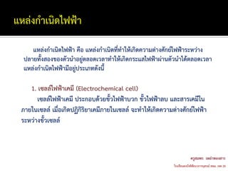 แหล่งกาเนิดไฟฟ้า คือ แหล่งกาเนิดที่ทาให้เกิดความต่างศักย์ไฟฟ้าระหว่าง
ปลายทั้งสองของตัวนาอยู่ตลอดเวลาทาให้เกิดกระแสไฟฟ้าผ่านตัวนาได้ตลอดเวลา
แหล่งกาเนิดไฟฟ้ามีอยู่ประเภทดังนี้

   1. เซลล์ไฟฟ้าเคมี (Electrochemical cell)
      เซลล์ไฟฟ้าเคมี ประกอบด้วยขั้วไฟฟ้าบวก ขั้วไฟฟ้าลบ และสารเคมีใน
ภายในเซลล์ เมื่อเกิดปฏิกิริยาเคมีภายในเซลล์ จะทาให้เกิดความต่างศักย์ไฟฟ้า
ระหว่างขั้วเซลล์
 