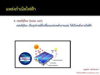 4. เซลล์สุริยะ (Solar cell)
   เซลล์สุริยะ เป็นอุปกรณ์ที่เปลี่ยนแปลงพลังงานแสง ให้เป็นพลังงานไฟฟ้า
 
