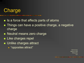 Charge
   Is a force that affects parts of atoms
   Things can have a positive charge, a negative
    charge
   Neutral means zero charge
   Like charges repel
   Unlike charges attract
       “opposites attract”
                                               Electroscope
                                              Balloon on wall
                                                 Rolling tube
                                                         H2O
 