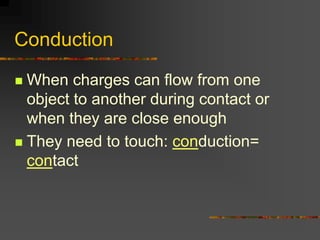 Conduction

 When charges can flow from one
  object to another during contact or
  when they are close enough
 They need to touch: conduction=
  contact
 