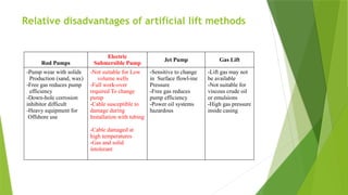 Relative disadvantages of artificial lift methods
Rod Pumps
Electric
Submersible Pump
Jet Pump Gas Lift
-Pump wear with solids
Production (sand, wax)
-Free gas reduces pump
efficiency
-Down-hole corrosion
inhibitor difficult
-Heavy equipment for
Offshore use
-Not suitable for Low
volume wells
-Full work-over
required To change
pump
-Cable susceptible to
damage during
Installation with tubing
-Cable damaged at
high temperatures
-Gas and solid
intolerant
-Sensitive to change
in Surface flowl-ine
Pressure
-Free gas reduces
pump efficiency
-Power oil systems
hazardous
-Lift gas may not
be available
-Not suitable for
viscous crude oil
or emulsions
-High gas pressure
inside casing
 