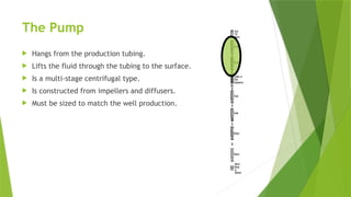 The Pump
 Hangs from the production tubing.
 Lifts the fluid through the tubing to the surface.
 Is a multi-stage centrifugal type.
 Is constructed from impellers and diffusers.
 Must be sized to match the well production.
 