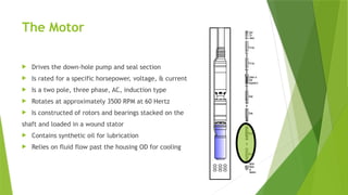 The Motor
 Drives the down-hole pump and seal section
 Is rated for a specific horsepower, voltage, & current
 Is a two pole, three phase, AC, induction type
 Rotates at approximately 3500 RPM at 60 Hertz
 Is constructed of rotors and bearings stacked on the
shaft and loaded in a wound stator
 Contains synthetic oil for lubrication
 Relies on fluid flow past the housing OD for cooling
 