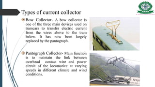 Types of current collector
Bow Collector- A bow collector is
one of the three main devices used on
tramcars to transfer electric current
from the wires above to the tram
below. It has now been largely
replaced by the pantograph.
Pantograph Collector- Main function
is to maintain the link between
overhead contact wire and power
circuit of the locomotive at varying
speeds in different climate and wind
conditions.
 