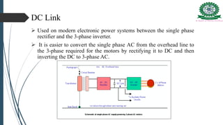 DC Link
 Used on modern electronic power systems between the single phase
rectifier and the 3-phase inverter.
 It is easier to convert the single phase AC from the overhead line to
the 3-phase required for the motors by rectifying it to DC and then
inverting the DC to 3-phase AC.
 