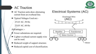 AC Traction
 AC Traction units draw alternating
current from an overhead line.
 Typical Voltages Used are:-
25 kV AC, 50 Hz
25 kV AC, 60 Hz
Advantages :-
 Fewer substations are required.
 Lighter overhead current supply wire
can be used.
 Reduced weight of support structure.
 Reduced capital cost of electrification.
 