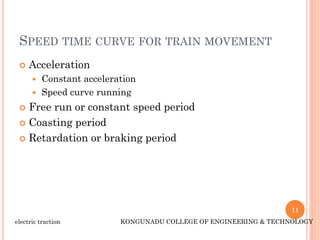 SPEED TIME CURVE FOR TRAIN MOVEMENT
 Acceleration
 Constant acceleration
 Speed curve running
 Free run or constant speed period
 Coasting period
 Retardation or braking period
11
electric traction KONGUNADU COLLEGE OF ENGINEERING & TECHNOLOGY
 