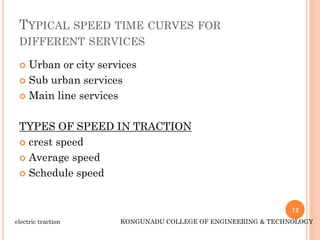 TYPICAL SPEED TIME CURVES FOR
DIFFERENT SERVICES
 Urban or city services
 Sub urban services
 Main line services
TYPES OF SPEED IN TRACTION
 crest speed
 Average speed
 Schedule speed
12
electric traction KONGUNADU COLLEGE OF ENGINEERING & TECHNOLOGY
 