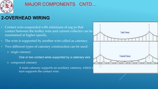 2-OVERHEAD WIRING
• Contact wire-suspended with minimum of sag so that
contact between the trolley wire and current collector can be
maintained at higher speeds.
• The wire is supported by another wire called as catenary.
• Two different types of catenary construction can be used-
 single catenary:
One or two contact wires supported by a catenary wire
 compound catenary
A main catenary supports an auxiliary catenary, which in
turn supports the contact wire.
MAJOR COMPONENTS CNTD…
 