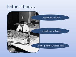 Rather than…
…recreating in CAD
…redrafting on Paper
…editing on the Original Print
 
