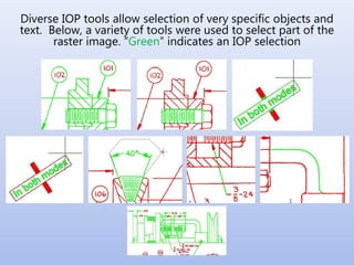 Diverse IOP tools allow selection of very specific objects and
text. Below, a variety of tools were used to select part of the
raster image. “Green” indicates an IOP selection
 