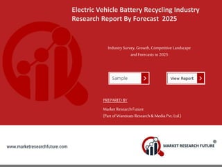 Electric Vehicle Battery Recycling Industry
Research Report By Forecast 2025
IndustrySurvey, Growth, Competitive Landscape
and Forecasts to 2025
PREPARED BY
MarketResearch Future
(Part of Wantstats Research & Media Pvt. Ltd.)
 