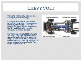 CHEVY VOLT
• The battery chemistry is based on a
Li-ion polymer technology.
• Li-ion polymer was chosen over a
nickel meta...