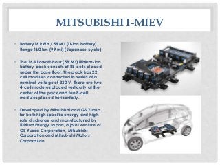 MITSUBISHI I-MIEV
• Battery16 kWh / 58 MJ (Li-ion battery)
Range160 km (99 mi) (Japanese cycle)
• The 16-kilowatt-hour (58...