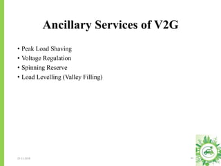 Ancillary Services of V2G
23-11-2018 41
• Peak Load Shaving
• Voltage Regulation
• Spinning Reserve
• Load Levelling (Valley Filling)
 