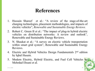 References
23-11-2018 44
1. Hussain Shareef et al.: “A review of the stage-of-the-art
charging technologies, placement methodologies, and impacts of
electric vehicles”, Renewable and Sustainable Energy Reviews.
2. Robert C. Green II et al.: “The impact of plug-in hybrid electric
vehicles on distribution networks: A review and outlook”,
Renewable and Sustainable Energy Reviews.
3. N. Shaukat et al.: “A survey on electric vehicle transportation
within smart grid system”, Renewable and Sustainable Energy
Reviews.
4. Electric and Hybrid Vehicles Design Fundamentals 2nd edition
by Iqbal Husain.
5. Modern Electric, Hybrid Electric, and Fuel Cell Vehicles by
Mehrdad Ehsani et al.
 