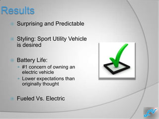 Results
    Surprising and Predictable

    Styling: Sport Utility Vehicle
     is desired

    Battery Life:
      #1 concern of owning an
       electric vehicle
      Lower expectations than
       originally thought


    Fueled Vs. Electric
 