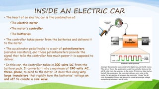 INSIDE AN ELECTRIC CAR
• The heart of an electric car is the combination of:
•The electric motor
•The motor's controller
•The batteries
• The controller takes power from the batteries and delivers it
to the motor.
• The accelerator pedal hooks to a pair of potentiometers
(variable resistors), and these potentiometers provide the
signal that tells the controller how much power it is supposed to
deliver.
• In this car, the controller takes in 300 volts DC from the
battery pack. It converts it into a maximum of 240 volts AC,
three-phase, to send to the motor. It does this using very
large transistors that rapidly turn the batteries' voltage on
and off to create a sine wave.
 