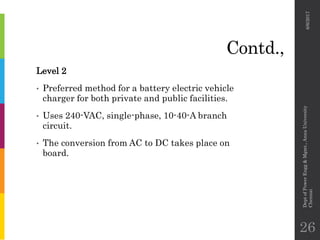 Contd.,
Level 2
• Preferred method for a battery electric vehicle
charger for both private and public facilities.
• Uses 240-VAC, single-phase, 10-40-A branch
circuit.
• The conversion from AC to DC takes place on
board.
6/6/2017
DeptofPowerEngg&Mgmt.,AnnaUniversity
Chennai
26
 