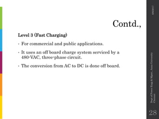 Contd.,
Level 3 (Fast Charging)
• For commercial and public applications.
• It uses an off board charge system serviced by a
480-VAC, three-phase circuit.
• The conversion from AC to DC is done off board.
6/6/2017
DeptofPowerEngg&Mgmt.,AnnaUniversity
Chennai
28
 