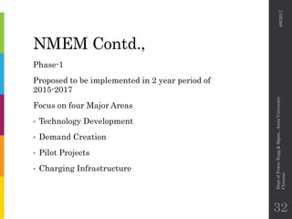 NMEM Contd.,
Phase-1
Proposed to be implemented in 2 year period of
2015-2017
Focus on four Major Areas
• Technology Development
• Demand Creation
• Pilot Projects
• Charging Infrastructure
6/6/2017
DeptofPowerEngg&Mgmt.,AnnaUniversity
Chennai
32
 