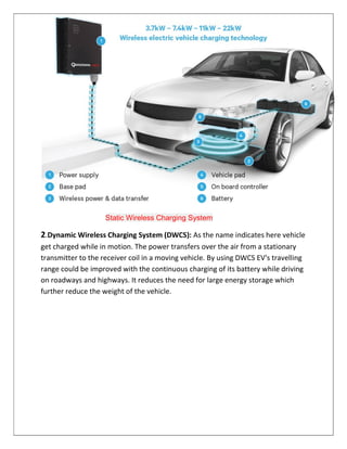 Static Wireless Charging System
2.Dynamic Wireless Charging System (DWCS): As the name indicates here vehicle
get charged while in motion. The power transfers over the air from a stationary
transmitter to the receiver coil in a moving vehicle. By using DWCS EV's travelling
range could be improved with the continuous charging of its battery while driving
on roadways and highways. It reduces the need for large energy storage which
further reduce the weight of the vehicle.
 