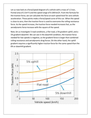 Let us now look at a force/speed diagram of a
frontal area of 2.5m^2 and the speed range of 0
the traction force, we can calculate the force at each speed level for zero vehicle
acceleration. Those points make
is close to zero, then the traction force is used to overcome the rolling resistance
force. As the speed increase, the traction force needed increases fast, as the
aerodynamic force increase with the square of the speed.
Next, let us investigate 3 road conditions, a flat road, a 5% gradient uphill, and a
5% gradient downhill. We can see in the downhill condition, the traction force
needed for low speeds is negative, as the gradient force is larger than combined
rolling resistance and aerodynamic drag forces. On the other hand, the uphill
gradient requires a significantly higher traction force for the same speed than the
0% or downhill gradient.
Let us now look at a force/speed diagram of a vehicle with a mass of 1.5 ton,
frontal area of 2.5m^2 and the speed range of 0-200 km/h. From the formula for
the traction force, we can calculate the force at each speed level for zero vehicle
make a force/speed curve of this car. When the speed
is close to zero, then the traction force is used to overcome the rolling resistance
force. As the speed increase, the traction force needed increases fast, as the
aerodynamic force increase with the square of the speed.
estigate 3 road conditions, a flat road, a 5% gradient uphill, and a
We can see in the downhill condition, the traction force
needed for low speeds is negative, as the gradient force is larger than combined
dynamic drag forces. On the other hand, the uphill
gradient requires a significantly higher traction force for the same speed than the
vehicle with a mass of 1.5 ton,
From the formula for
the traction force, we can calculate the force at each speed level for zero vehicle
ar. When the speed
is close to zero, then the traction force is used to overcome the rolling resistance
force. As the speed increase, the traction force needed increases fast, as the
estigate 3 road conditions, a flat road, a 5% gradient uphill, and a
We can see in the downhill condition, the traction force
needed for low speeds is negative, as the gradient force is larger than combined
dynamic drag forces. On the other hand, the uphill
gradient requires a significantly higher traction force for the same speed than the
 